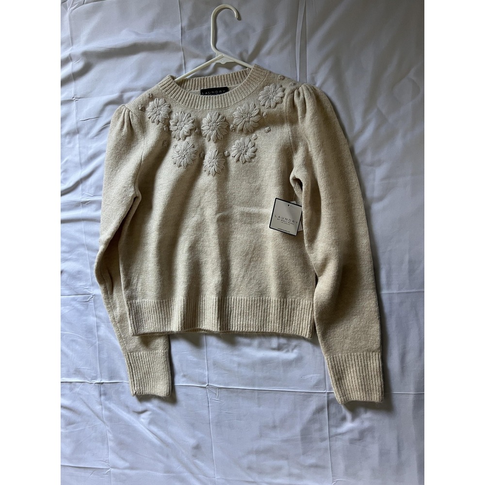 Laundry By Shelli Segal Sweater WomenS S Beige Marshmallow Floral Knit Crop NWT - Picture 6 of 11